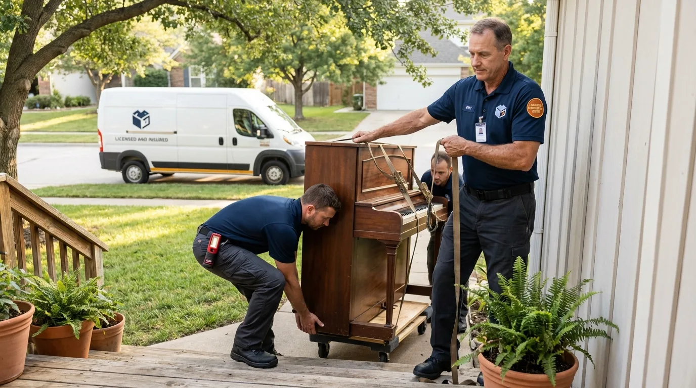 Licensed piano movers securing grand piano in Glen Gardner, NJ