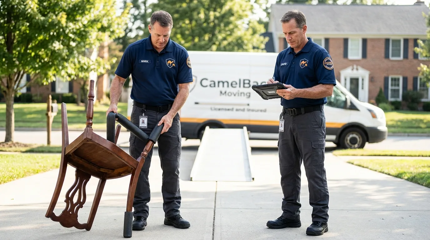 Movers inspecting furniture for damage prevention before loading in Glen Gardner, NJ