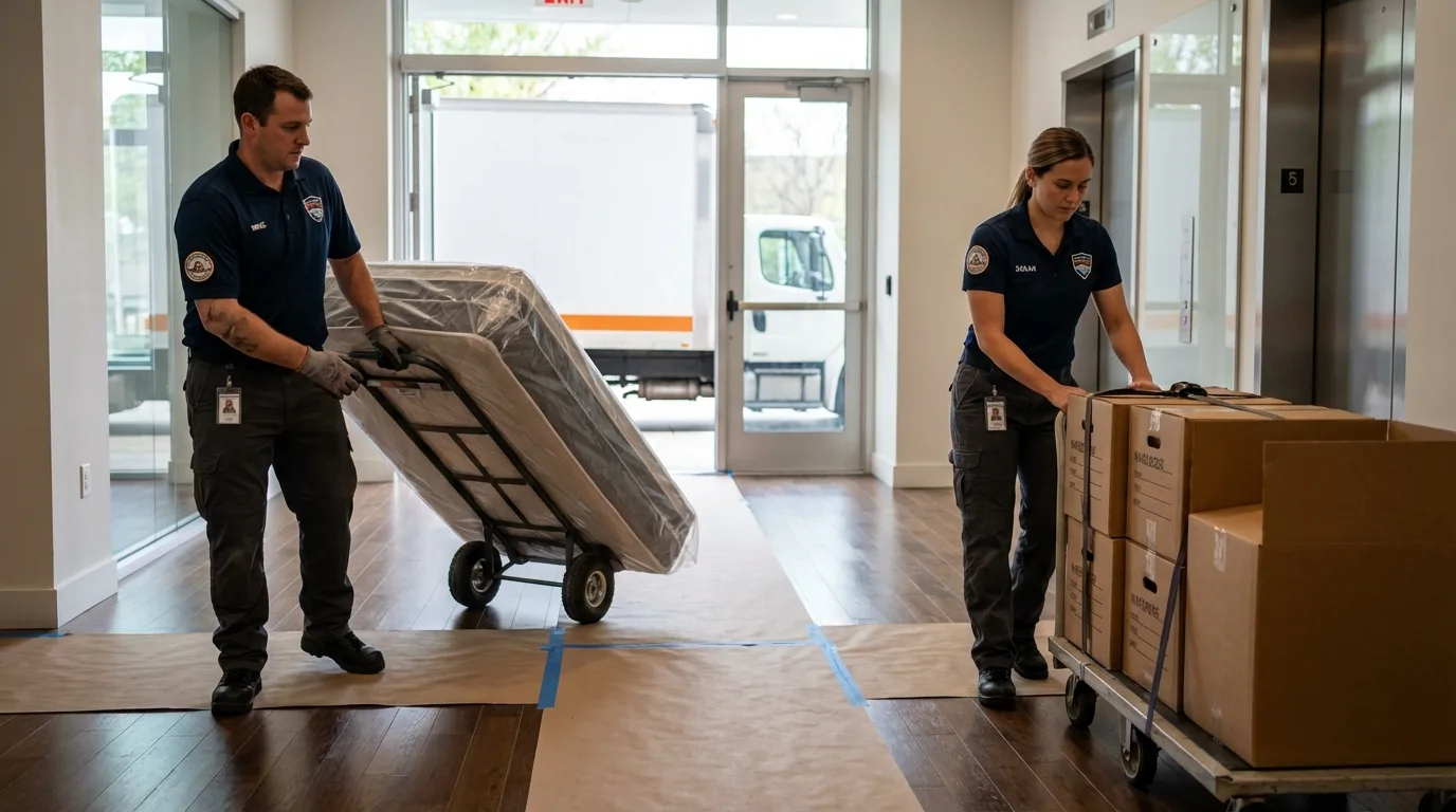 Professional apartment movers loading elevator in Glen Gardner, NJ