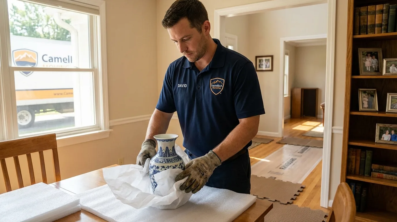 Professional crew carefully wrapping antique vase for senior downsizing move in Glen Gardner, NJ